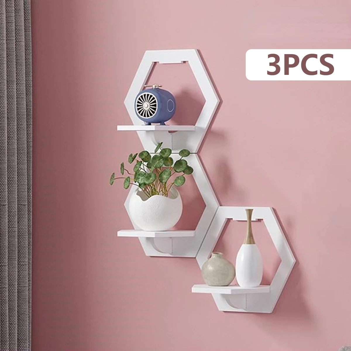 Terracotta Pot - 3Pcs Hexagon Wall Shelf Punch Free
